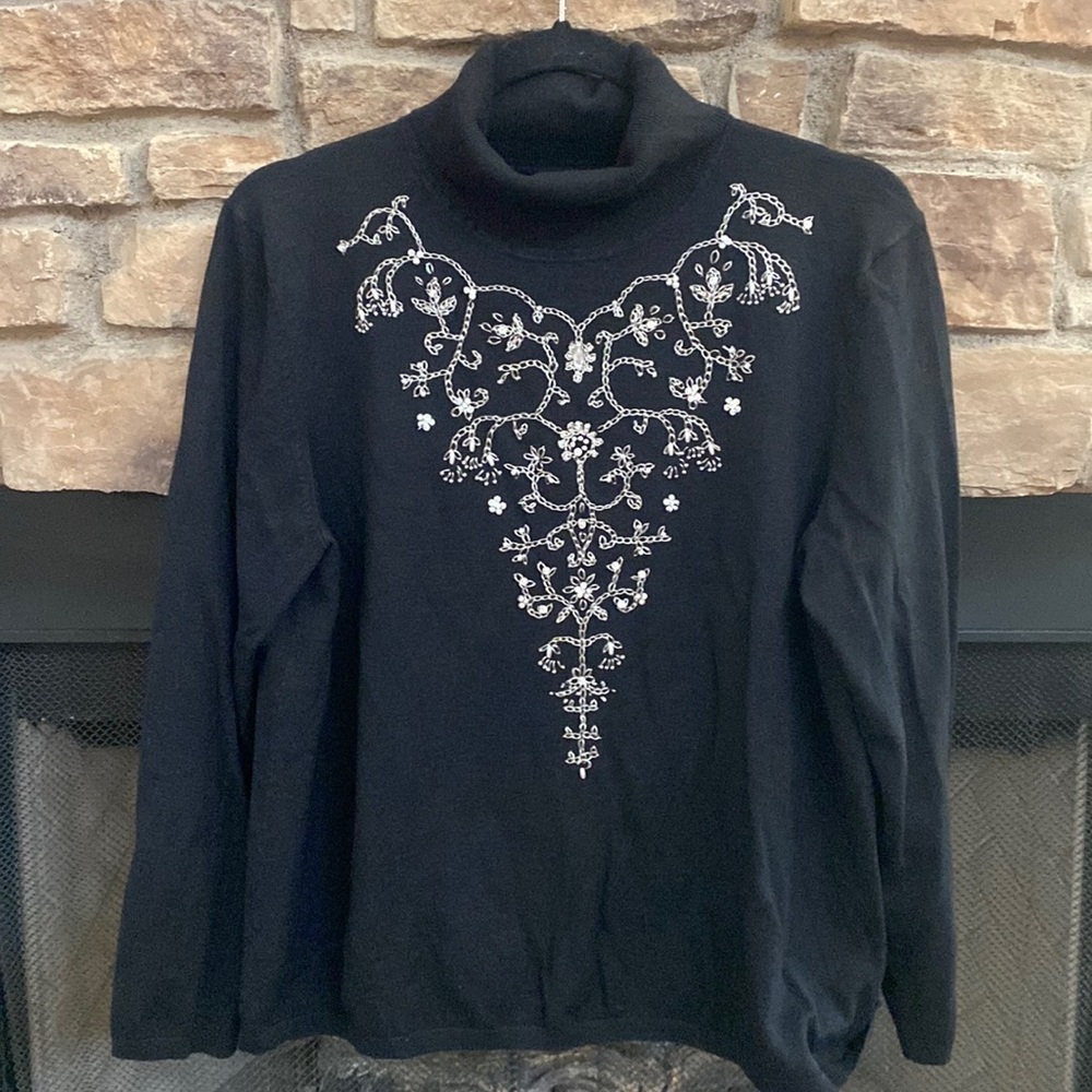 Judith Hart black turtleneck sweater with embellishments. 1X